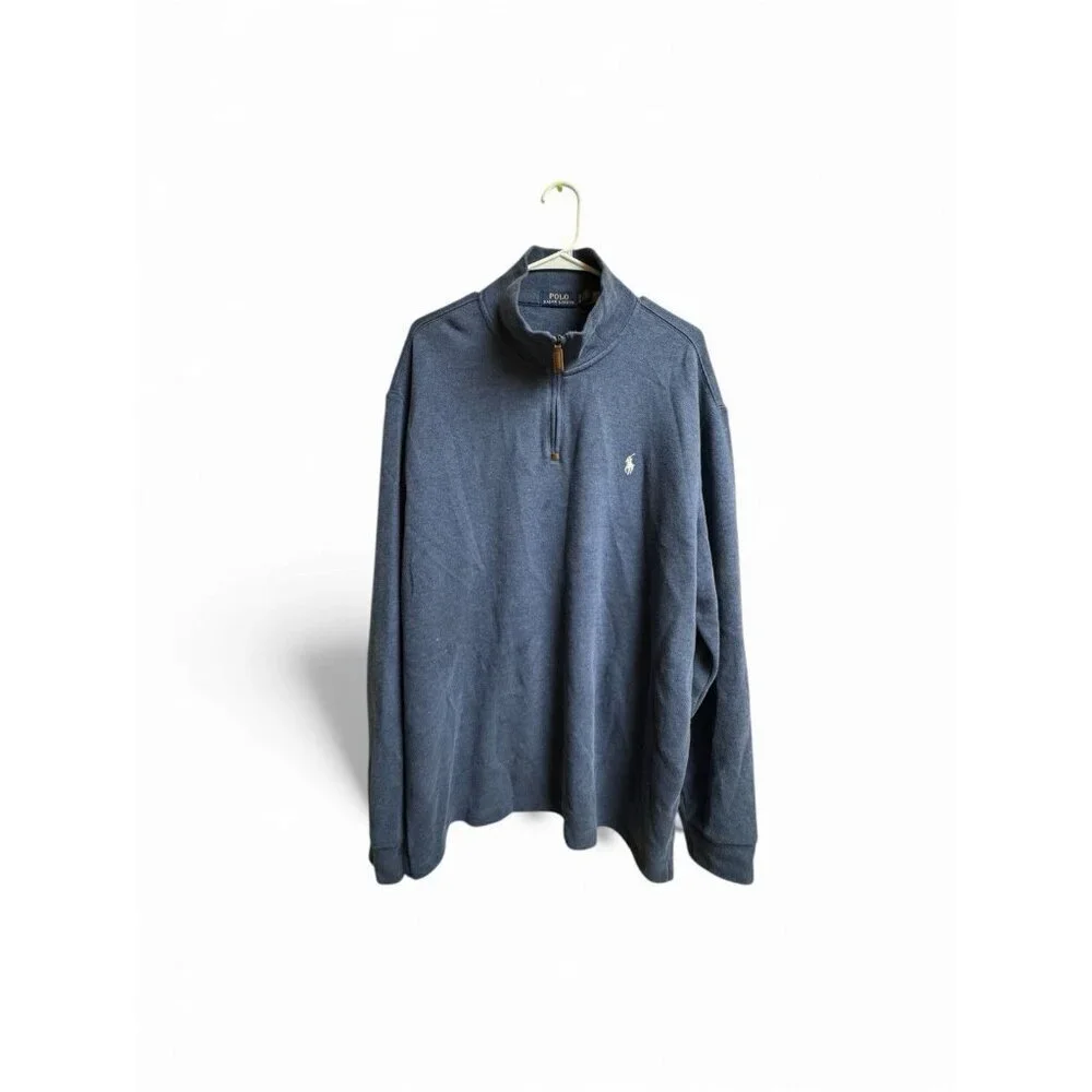 Polo Ralph Lauren 1/4 Zip Pullover Sweater XL Blue Cotton Mock Neck